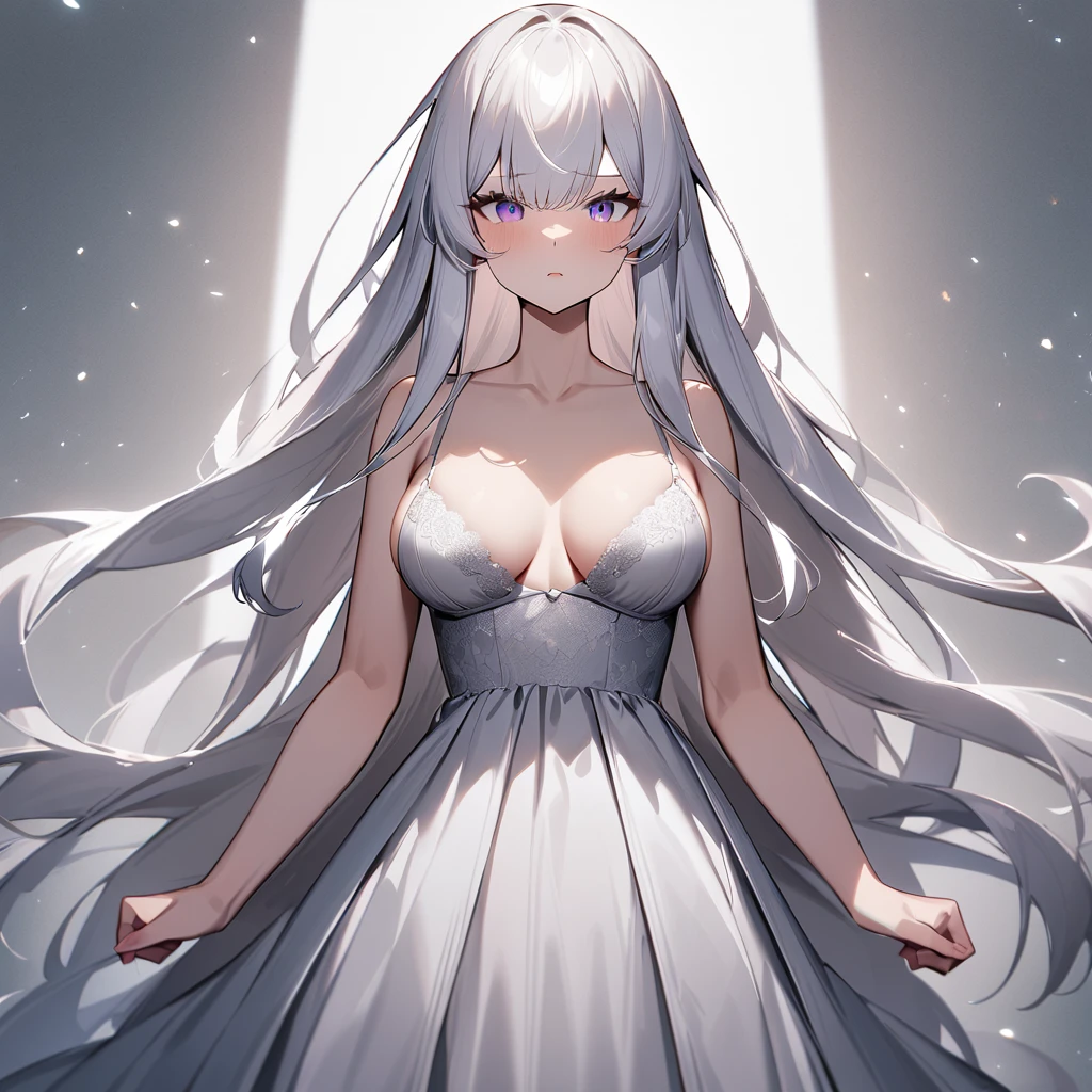 nafw,(2 girls),(duo),breast,absurdres,best quality,very aesthetic,absurdres,bra,(light silver White hair),太もも,(purple),(straight-on),(long hair),(gown),(bare breasts),(huge)