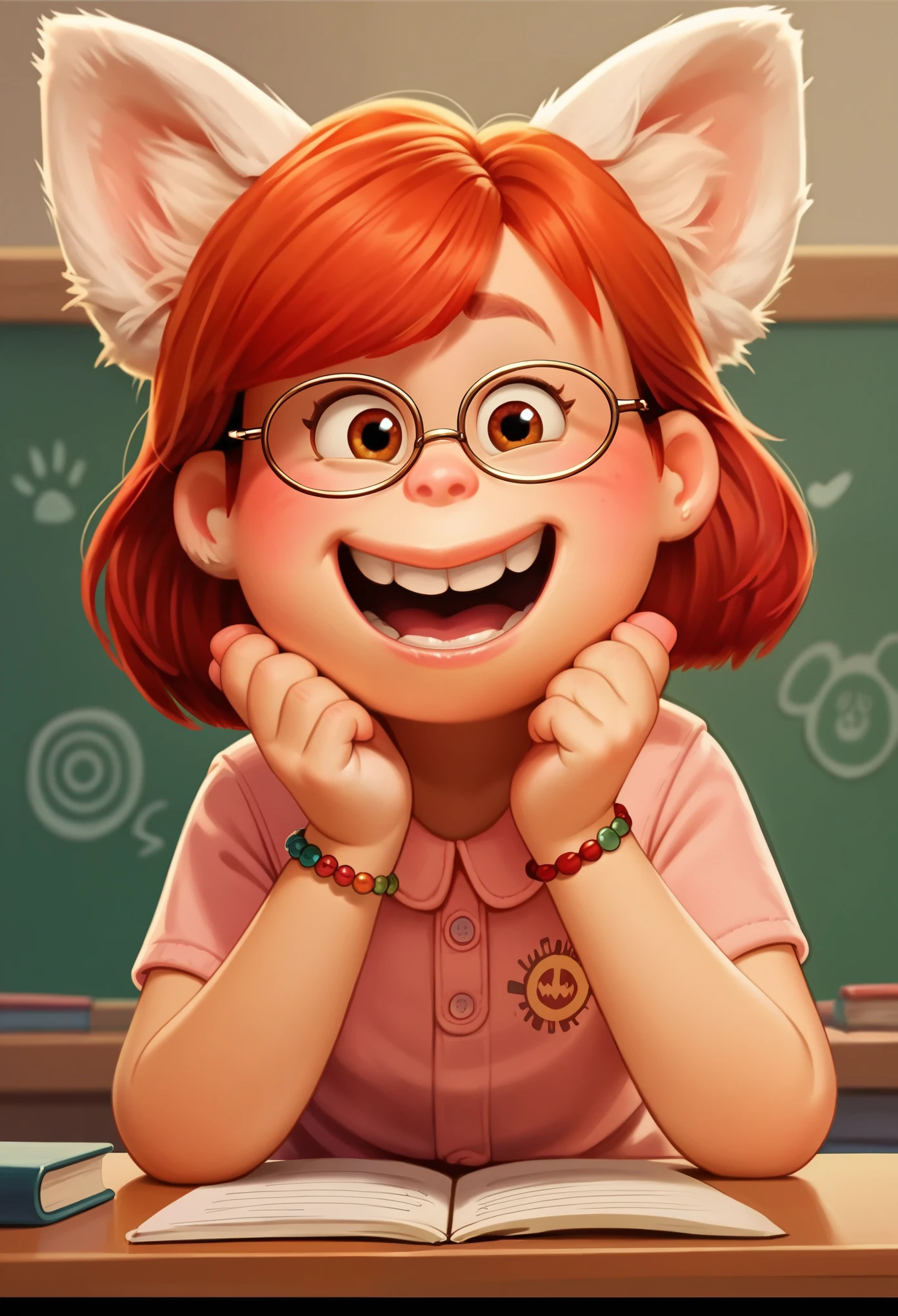 score_9, score_8, score_7, score_6, Mei Lee, 1girl, rating_questionable, at a desk, animal ears, red hair, happy