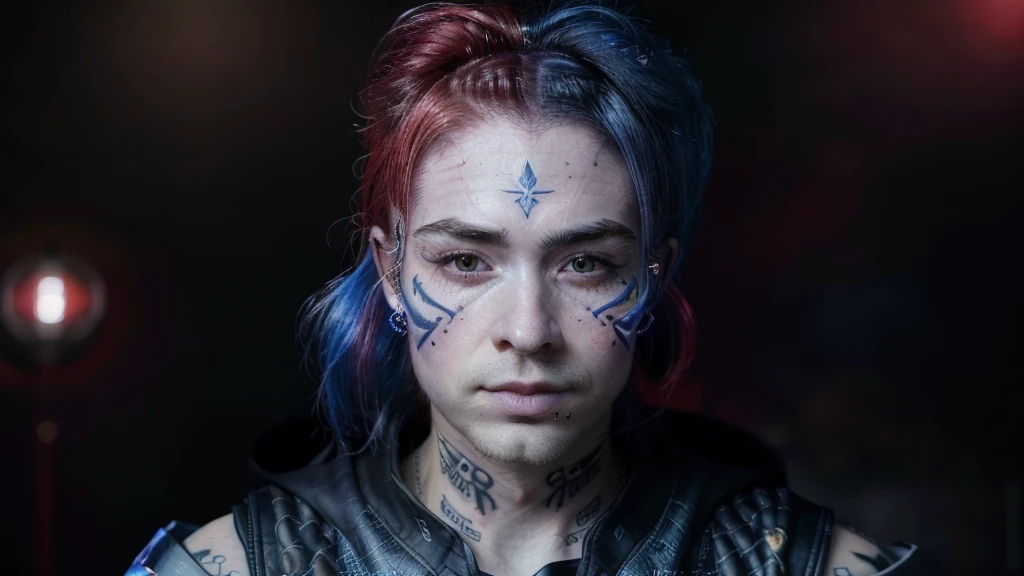 photo of one Man , 1man, (detailed face tattoo: 1.4), (detailed faces: 1.4), highres, RAW photo 8k uhd, dslr, , ((cinematic light)), colorful, hyper detail, dramatic light, intricate details, (best lighting, an extremely delicate and beautiful), abstract colors, Samurai, (detailed red moon: 1,4), foggy, (storm:1.2), (bloom:1.1), Red eyes, Night party, half color hair red and blue,