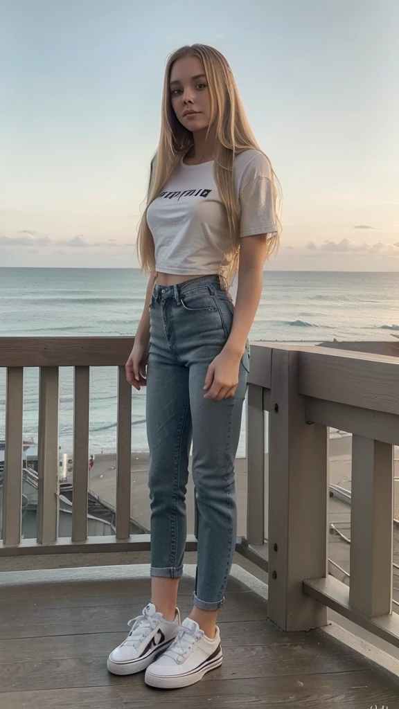 A blonde girl, long straight hair, full lenght shot, she's dressed in a neutral black t-shirt, neutral high waisted jean and white sneakers shoes, the brown deck looks great with the ocean in the background