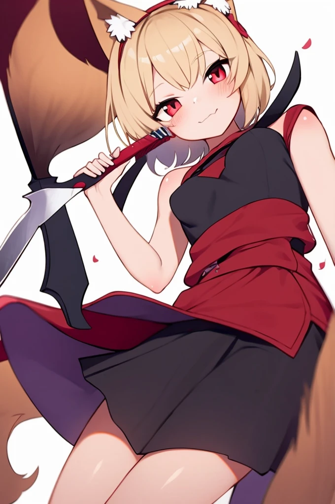 One girl, Blonde, Fox Ears, Fox Mask Template, knife, short hair, mini skirt, box, [(White Background:1.5):::5], Simple Background, Red eyes, stage, cherry blossoms, Fox&#39;s Tail, covered one eye, Frills,