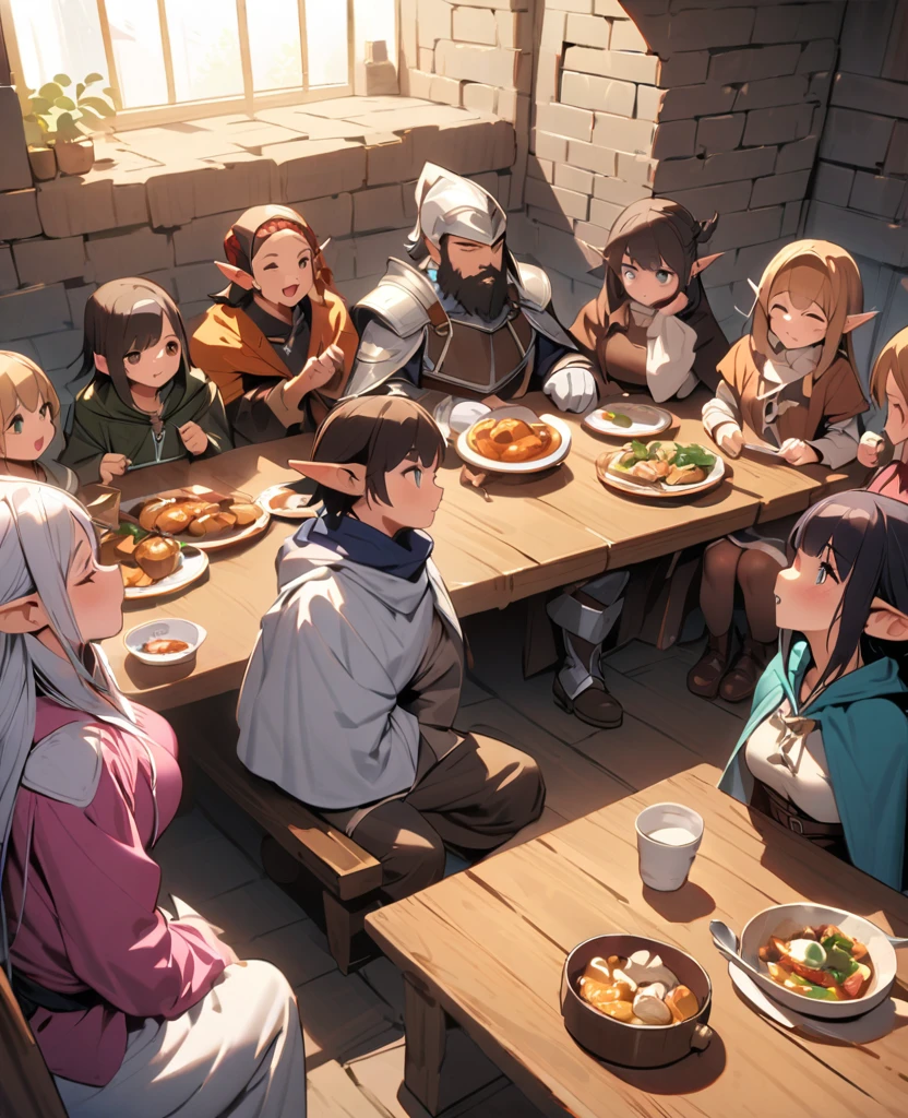 (best quality, masterpiece, ultra highres, ultra-detailed:1.2) , Dwarf warrior,Human knight,Elf Wizard,Half-footed Adventurer,Everyone gathers around the table to enjoy the food.,at dungeon,"Delicious in Dungeon",