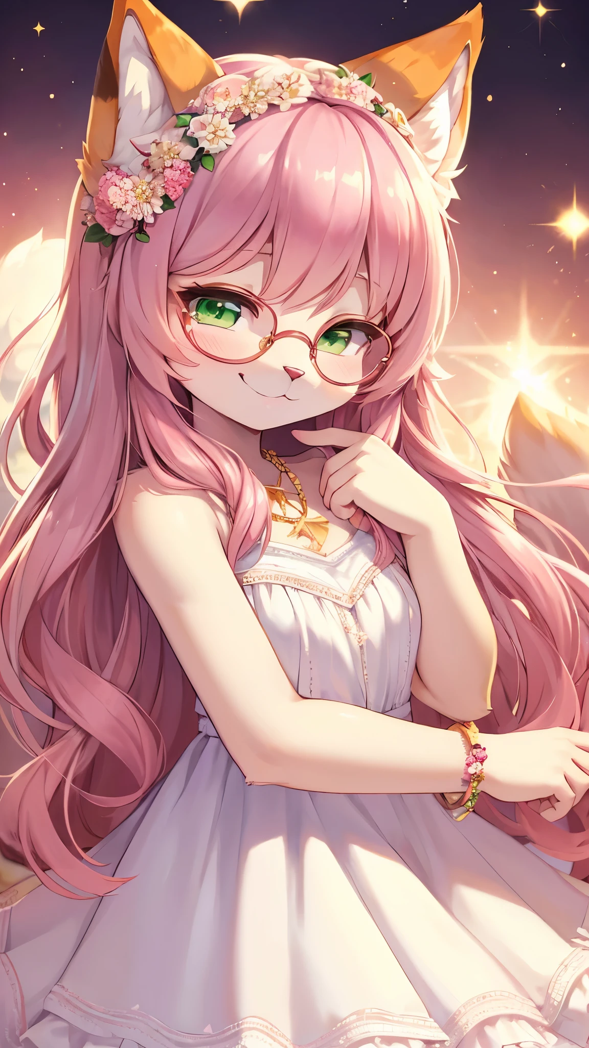 best quality,best resolution,(fluffy anthro furry :1.6),(young :1.8), cat girl,long hair,wavy hair,pink hair,green eyes,glistering eyes,sparkle eyes,ultra detailed eyes,beige fur,circle glasses,flower hair ornaments,white fur,(white dress),sparkle stars background,glistering dusts surrounded,light and shadow,full face blush,heart expression eyes,heart eyes,looking at viewer,seductive face,closed eyes,smile