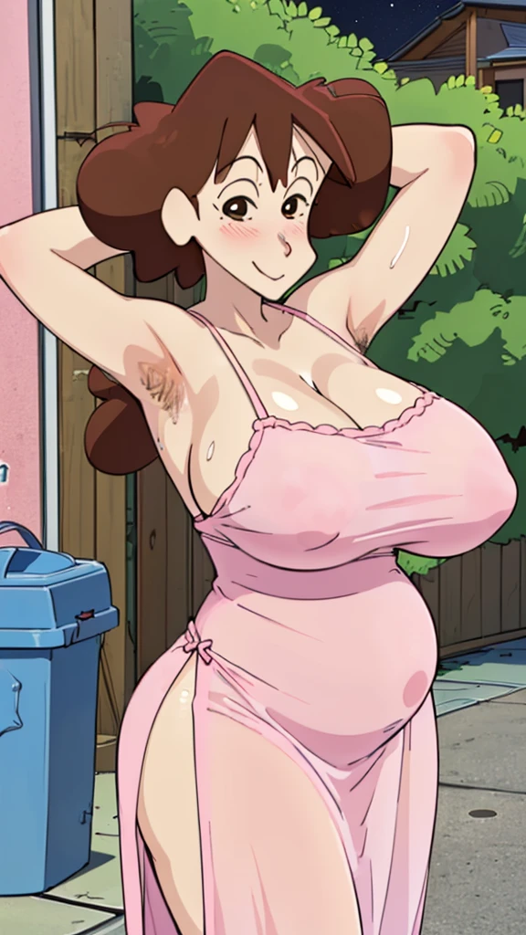 Misae Nohara, (Auntie:1.5), (Mature Woman:1.5), (absurderes, 8K, 4K, masutepiece, hyper extreme detailed:1.2), Best Quality, Perfect Anatomy,Perfect face,High humidity, (Huge breasts:1.7), (A sheer pink nightgown:1.4), (Wet:1.2), (.Alley:1.3), Graffitied wall, Garbage can, Scattered trash, (alone:1.5), (Brown eyes:1.2), (Clothing is revealing:1.2), Exposed shoulders, Torn clothes, Are pregnant, Firm breasts, Upturned nipples, Showing cleavage, Mole on chest, (Thick armpit hair:1.4), (blush:1.2), A kind smile, relief, peace of mind, (maternal:1.3), (Gentle look:1.5), Smiling face, (Outdoor:1.5), (Out:1.3), half closed eyes, naughty face