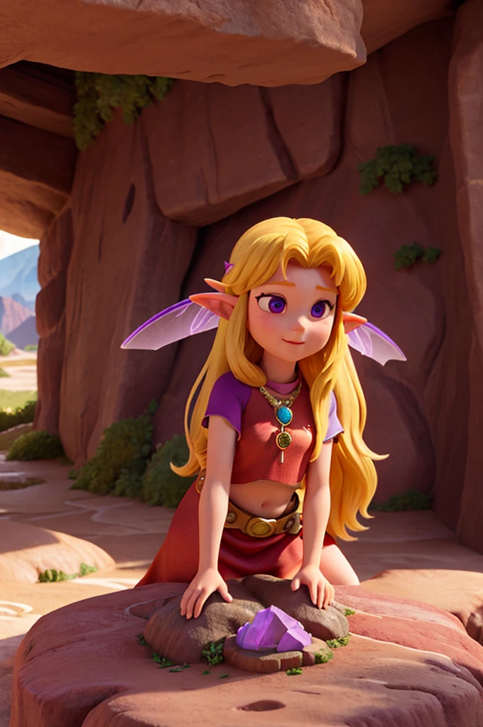 the place is desert in flamboyant mountain style the mountains are red in color,a girl with long blonde hair with a pendant with a purple stone and elf ears walked up a steep and rocky road together with a fairy with fairy wings, the place is desert in flamboyant mountain style

