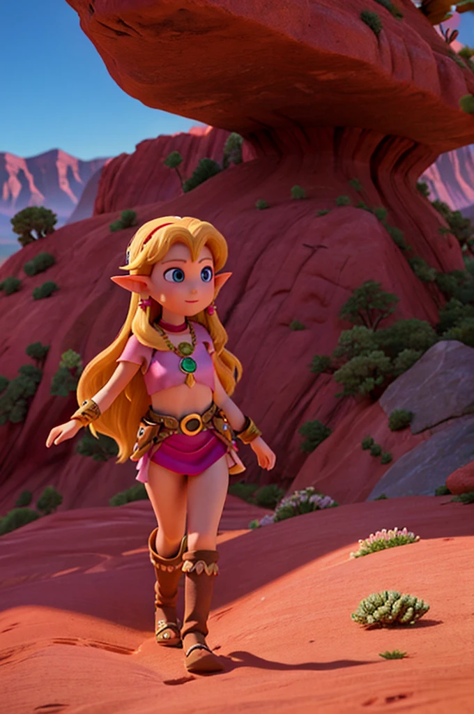 the place is desert in flamboyant mountain style the mountains are red in color,a girl with long blonde hair with a pendant with a purple stone and elf ears walked up a steep and rocky road together with a fairy with fairy wings, the place is desert in flamboyant mountain style