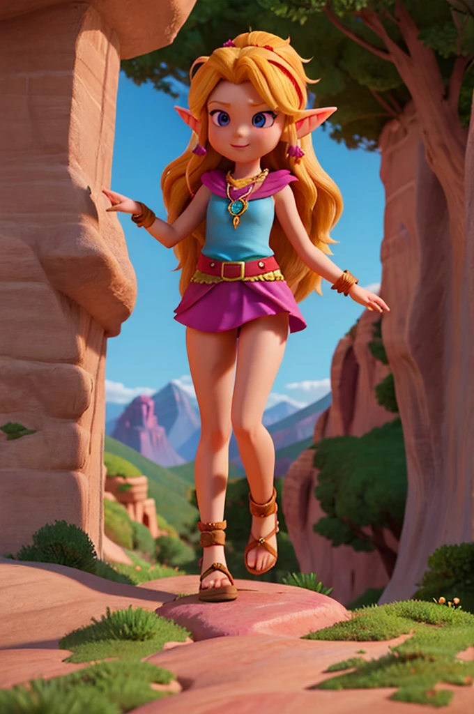 the place is desert in flamboyant mountain style the mountains are red in color,a girl with long blonde hair with a pendant with a purple stone and elf ears walked up a steep and rocky road together with a fairy with fairy wings, the place is desert in flamboyant mountain style
