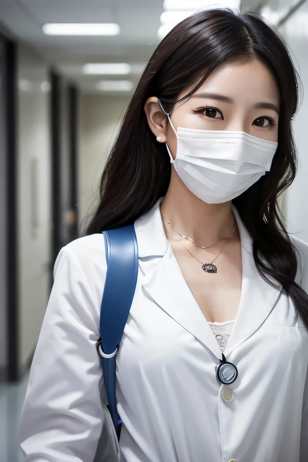 Beautiful 35歳のwoman、 Korean women、Black Hair、Necklace around the neck、White、、Stethoscope、Mask on mouth、Wavy Hair、Intricate details, Very detailed:1.2), 、 Looking into the camera,The background is the corridor of the hospital.、ear piercing
