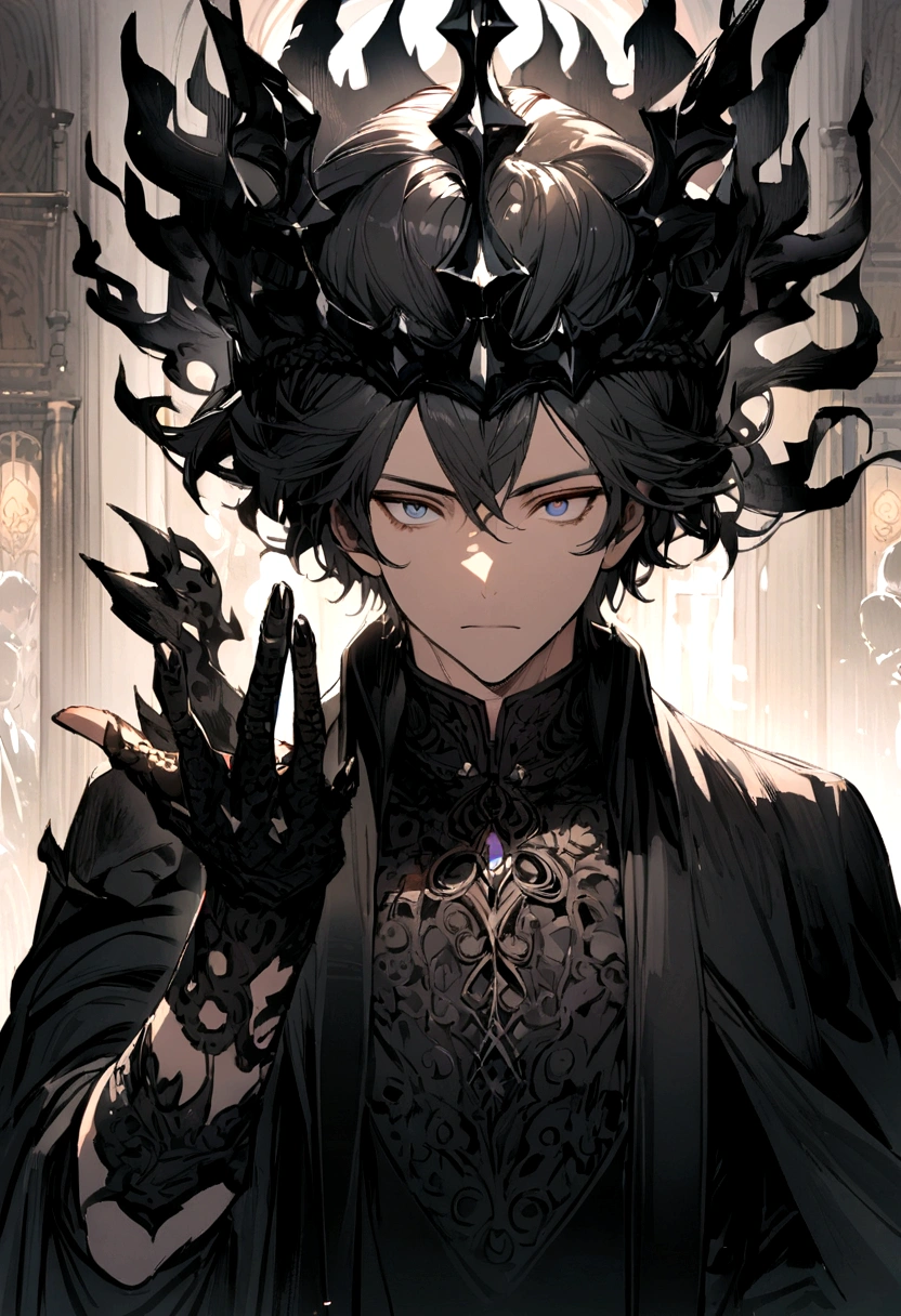 boy with black fire in his hand wearing a black crown on his head