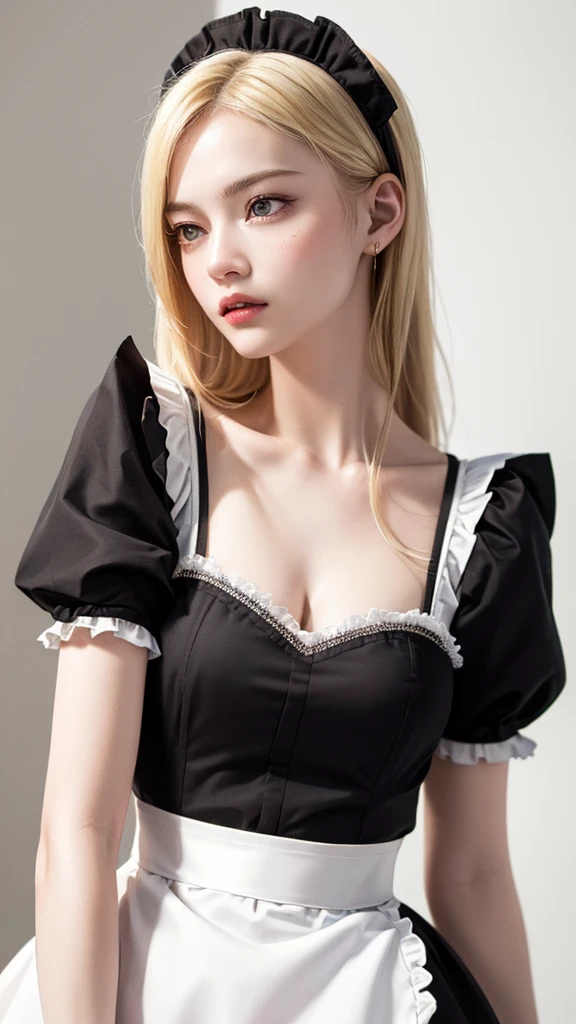 (Highest quality、8K、32k、masterpiece)、(Realistic)、(Realistic:1.2)、(High resolution)、Very detailed、Very beautiful face and eyes、1 Girl、Round and small face、Tight waist、Delicate body、(close、Highest quality、Attention to detail、Rich skin detail)、(Highest quality、8K、Oil paint:1.2)、Very detailed、(Realistic、Realistic:1.37)、Bright colors、(((blonde)))、(((Bust Shot)))、(((Long Hair)))、(((White wall background)))、(((White wall background)))、(((黒のMaid clothes)))、(((Also々Has a cunning look)))、(((Serious face)))、(((Maid clothes)))、(((Look straight ahead)))、(((Long golden hair)))、(((Teeth are visible)))、