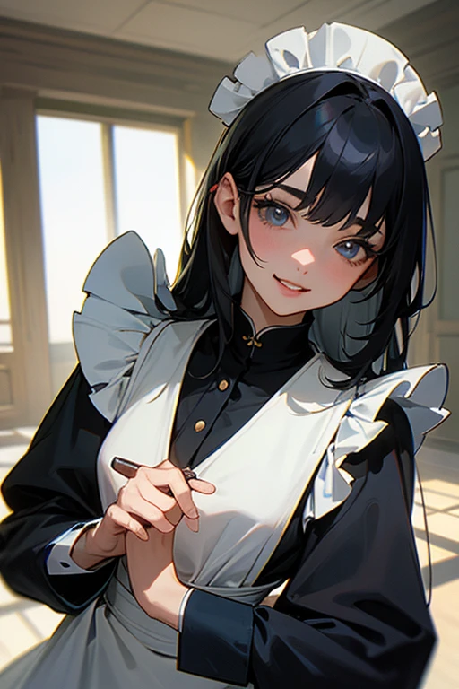(Highest Resolution, clear_image) Highest quality, One woman, alone, masterpiece, Very detailed, Semi-realistic, Black Hairのショートヘア, Black Hair, bangs, 18-year-old, mature, light blue uniform, uniform, Indoor Background, kind, Authoritative, Powerful, exquisite features, exquisite features、Eyelashes become longer、Showing teeth、smile😀、Maid clothes、woman'Fingers in the、Sleeping on the sofa、Long Hair、Fluttering in the wind、Navy blue clothes、Long Hair、I'Carrying the plate、Long Hair、Laugh gently、