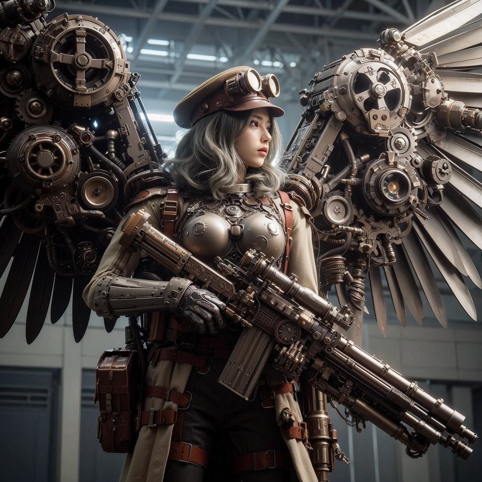 superrealism, ultra high res,8k,(Photorealsitic:1.4), (crab-like mechanical suit:1.2), designed by Hajime Katoki,heavy weapons,vivid textures,animal legs, gradation hair, japanese female soldier,(ultra beautiful face),((super realistic all textures)), ((super intricate all details)), Realistic detail enhancement like Magnific AI, full body shot, ultra sharp photo result, Acrylic Clear Cover, Hydraulic cylinder, style, taken with Fuji film X-T30+Nokton. HDR10,Minimum of 4 pieces created