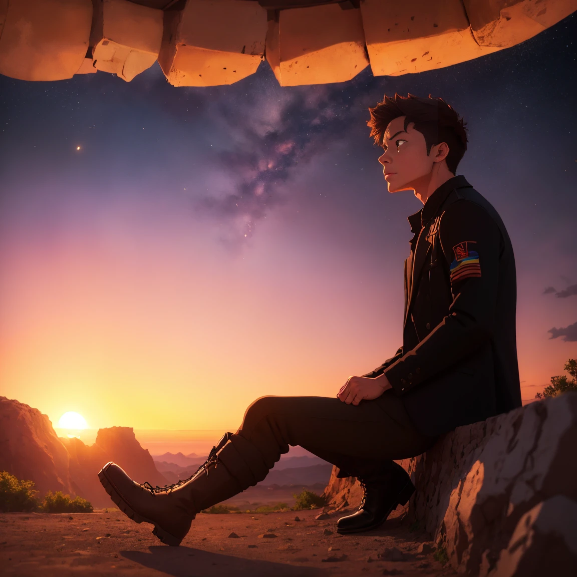 A man in black clothes and brown boots, in a park watching the sunset and several meteors falling in the background