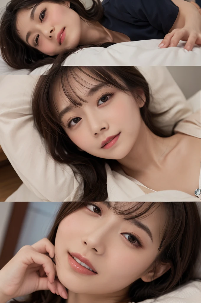 Highest quality masterpiece 8K Ultra-detailed Face Brown Hair Full body photo Cute pose Sexy Photos Focus on the face Professional Lighting Vivid Photos Happy expression Sulky look Ecstatic expression Sex appeal Glossのある濡れたカラスの毛 Gloss Cute and sly Droopy eyes Absurd Heavy bangs A wide variety of skin tones hostel yukata Unbuttoned Sleeping in a pile Spread your legs
