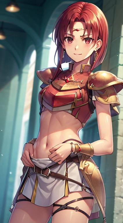 jill fe, long hair, gloves, ponytail, boots, belt, pants, armor, shoulder armor, pauldrons, breastplate, red armor,man's daughter,swollen crotch,erect crotch,flat chest , femboy, ,nsfw,penis,