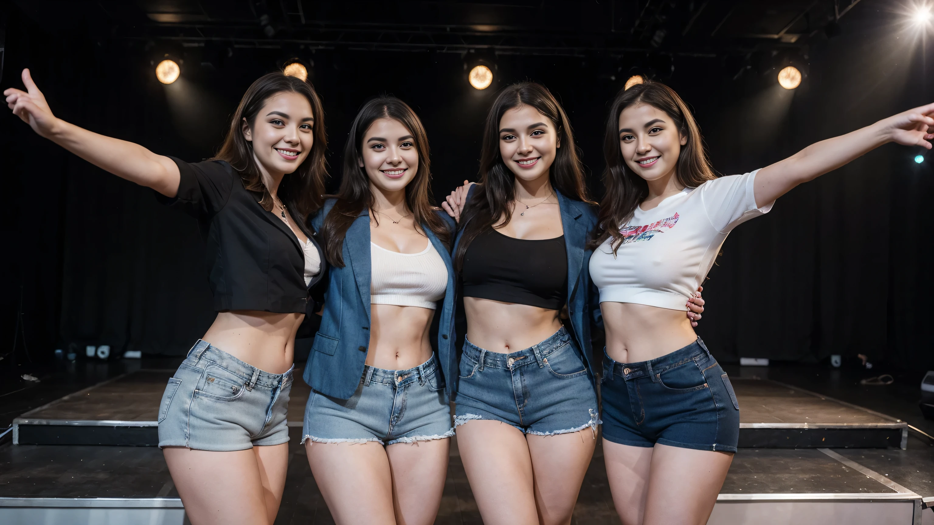 Three smiling plus size women wearing denim shorts and blazers at a lighted stage show. They have perfect hands, perfect legs and dance