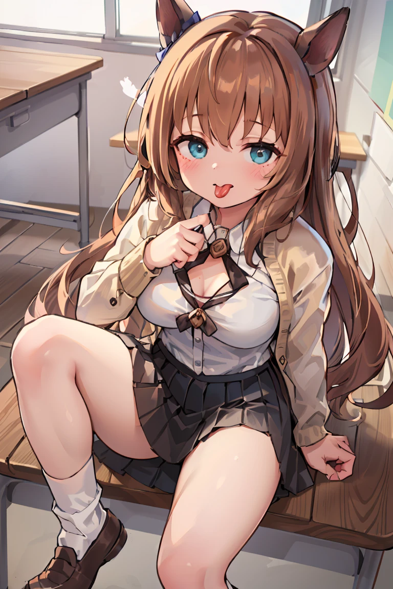 Maruzensky,Viewers beware!,1 Girl,,,chest,尖ったchest,chestの谷間,Underbust,Side Bust Barbosa,(blush),((Embarrassing)),(masterpiece、Highest quality、Very detailed)、((One Girl))、((Open your mouth))、((Wide Open your mouth、tongue、long tongue、sticking out the tongue、I can see inside your mouth、Open your mouth and show me your throat))、((非常に大きなchest))、((White shirt))、chestの谷間、((cardigan))、Long sleeve、((Black pleated skirt))、((White baggy socks:1.3))、loafers、Sit at a desk、Shoot from above、Classroom Background