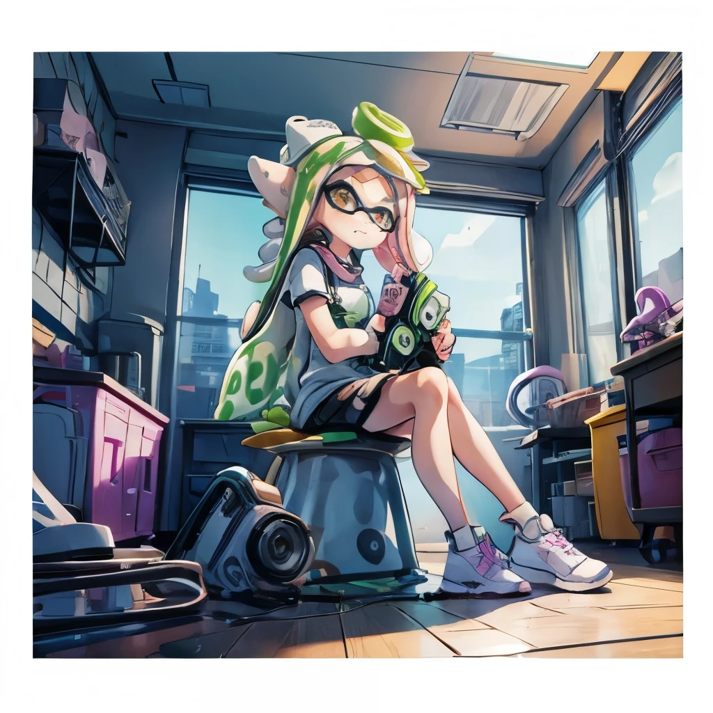(Splatoon Girl:1.2)、Sitting in a room、from the front、The viewer&#39;s gaze becomes that of a notebook、sitting at a desk、Golden Eyes、((Holding a pen and looking out the window))、Inside the girl's cute room、Detailed facial depiction、Fisheye Lens、
