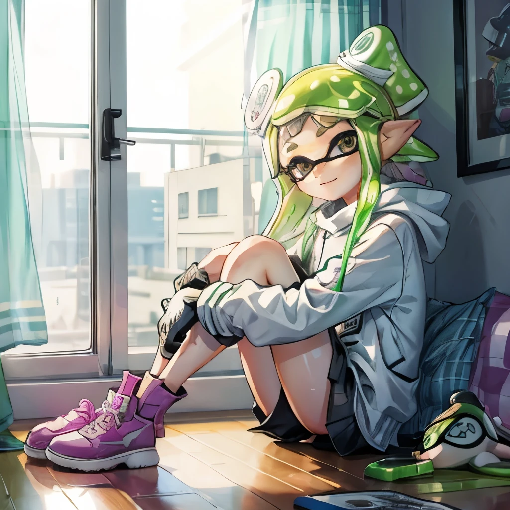 (Splatoon Girl:1.2)、Sitting in a room、from the front、The viewer&#39;s gaze becomes that of a notebook、sitting at a desk、Golden Eyes、((Holding a pen and looking out the window))、Inside the girl's cute room、Detailed facial depiction、Fisheye Lens、