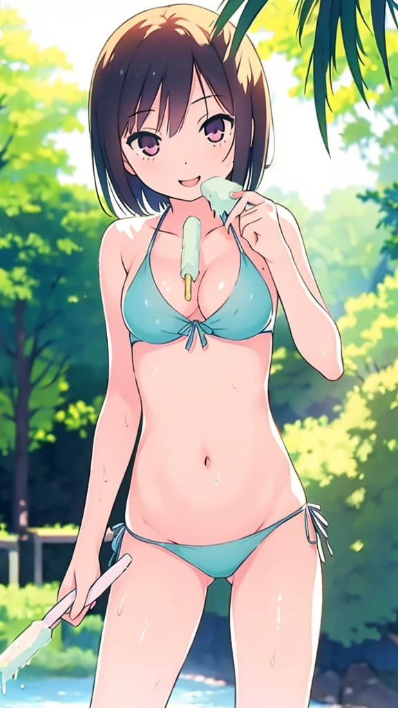 1girl, middle breast, smile, bikinis, soft focus, depth of field, shortcut hair, happy expression, thigh, simple background, licking popsicle