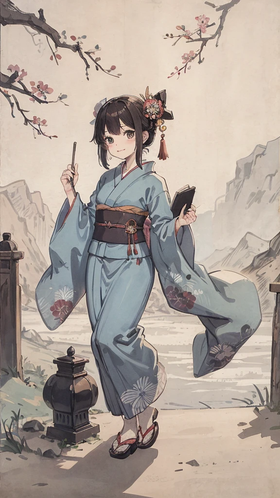 Japanese style light blue kimono、Visiting a shrine