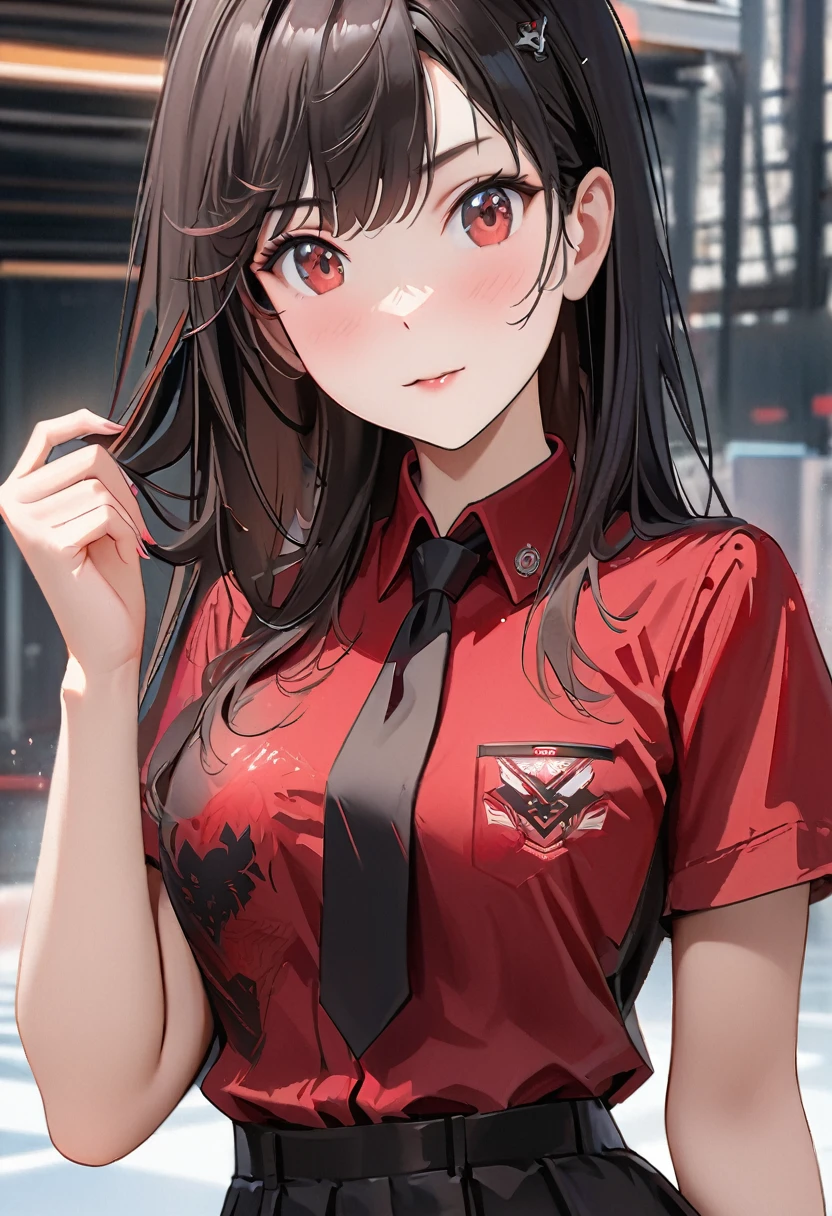 Anime girl wearing red shirt and black tie posing for photo, author