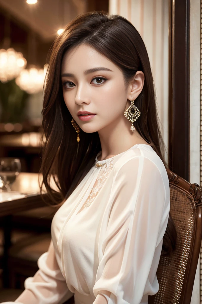 masterpiece, Highest quality, Realistic, Very detailed, Finer details, High resolution, 8k wallpaper, One beautiful woman, Wear an elegant white see-through blouse, In a great restaurant, At night, Light brown messy hair, Perfect dynamic composition, Beautiful and beautiful eyes、Big earrings、Sit on a chair、