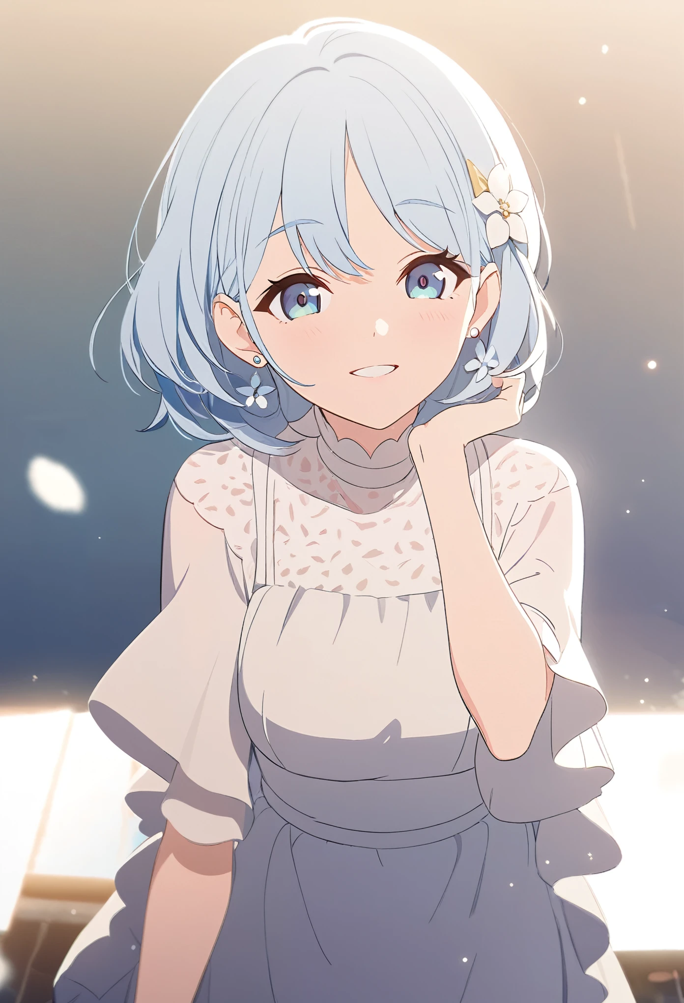 One girl、Medium hair with light blue hair、Braided medium hair、White flower earrings and hair accessories、smile、smile、White dress、、Gazing at the audience、Perfect Face、Eye highlights、Pretty girl、Light blue solid background、Highest quality、Masterpiece、Casual atmosphere