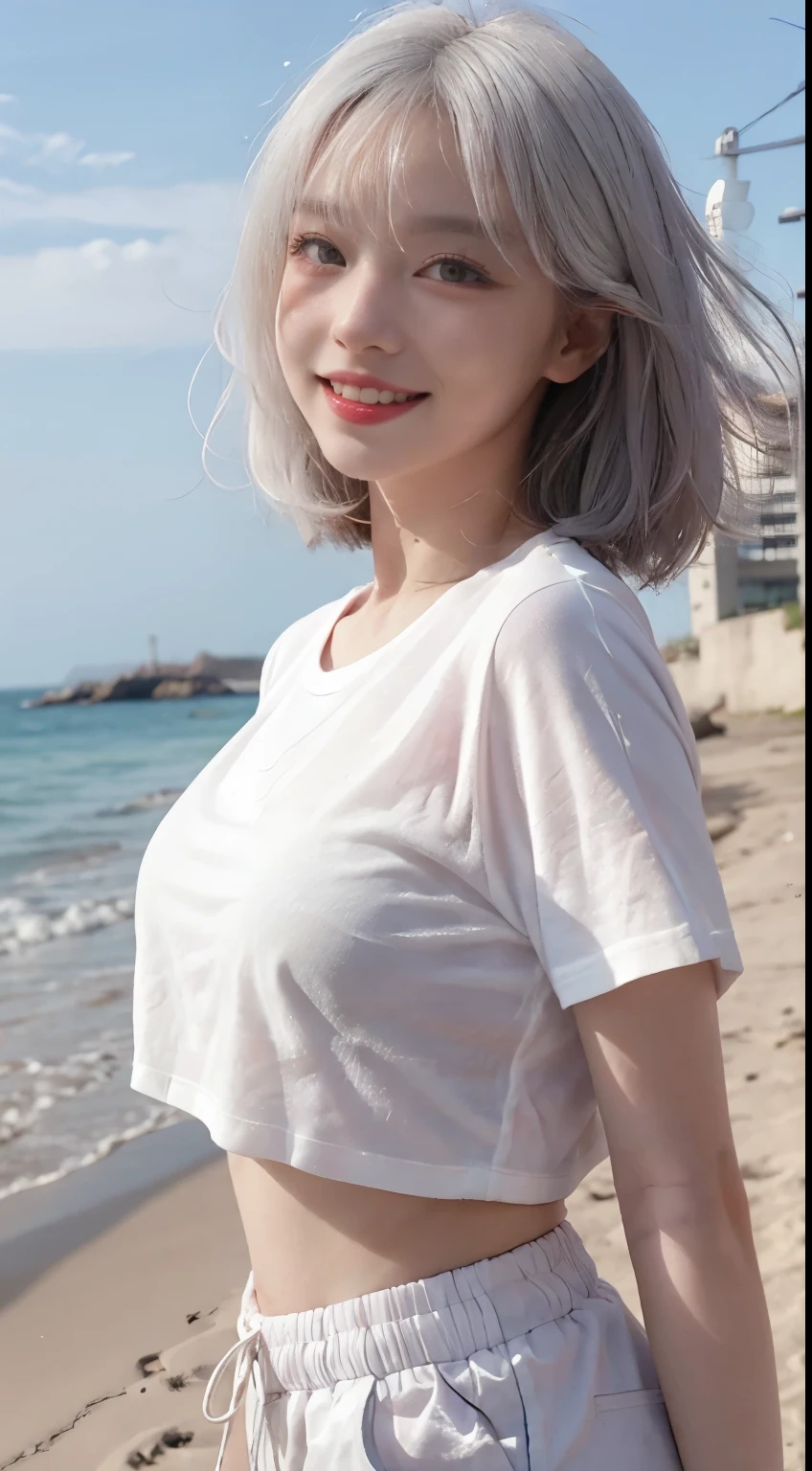Best image quality、RAW Photos、Ultra-high resolution、21 years old Korean、Small breasts、Dynamic Angle、Cowboy Shot、The most beautiful chaos、elegant、Brutalist Design、Vibrant colors、Beautiful white hair、Short Bob、smile、fun、smile、Glowing White Skin、Beautiful eyes with random colors、Very thin lips、Beautiful eyes in every detail、 Narrow eyes、Cheeks are pale pink、Eyelash length、Beautiful double eyelids、eye shadow、Bright white hair、Oversized T-shirt、Short sleeves、hot pants、Sandy Beach、Shooting from the side、turn around、The wind is blowing、Hair fluttering