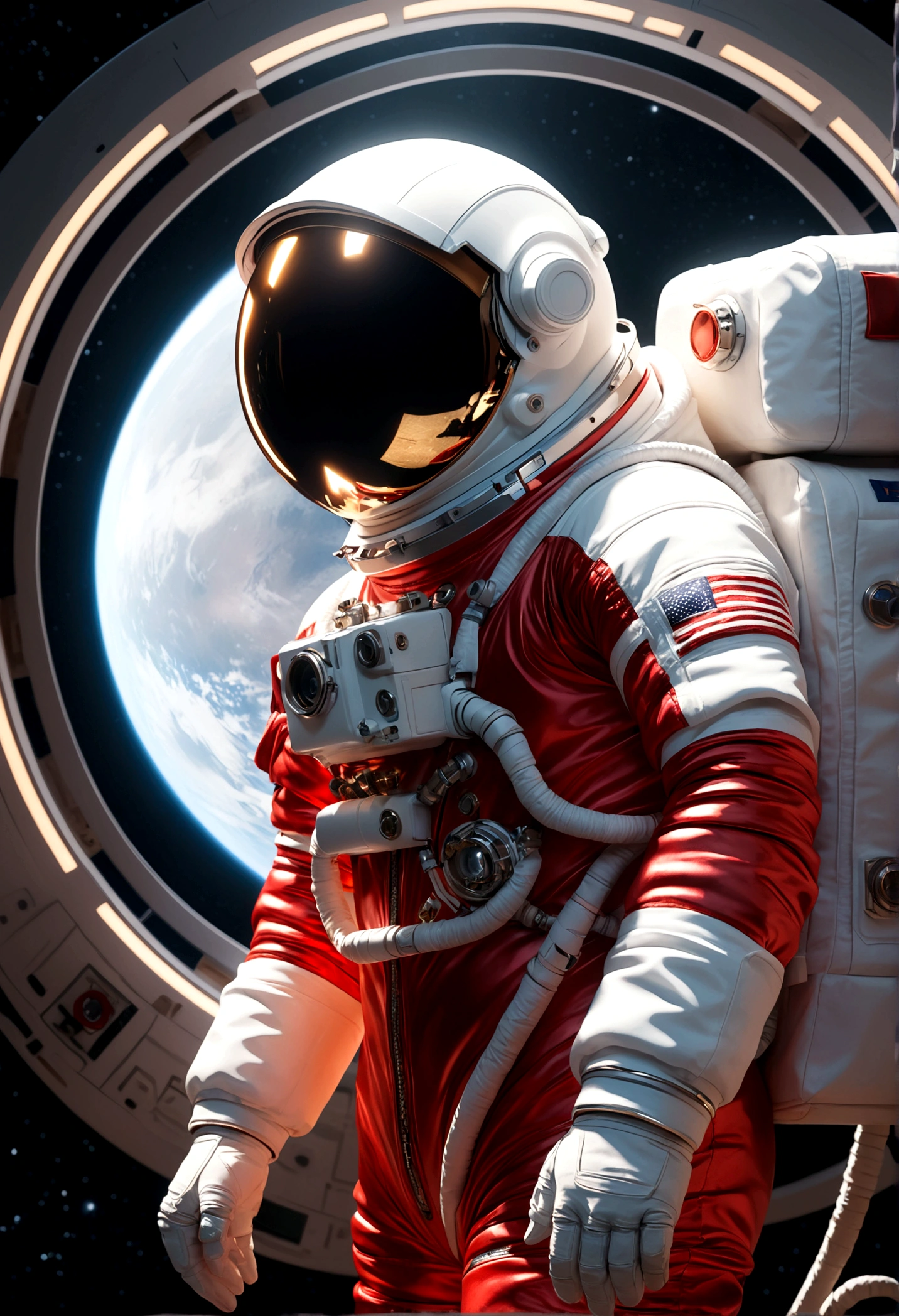 The astronaut is a 30-year-old man.., white and red metallic clothing, cinematic, picture 촬영, half backlight, back light, dramatic lighting , incandescent light, soft lighting, Incredibly detailed and complex, hyper maximalist, Art, elegant pose, dynamic, picture, volume , very detailed, intricate details, Gwise의 very detailed 걸작, future environment