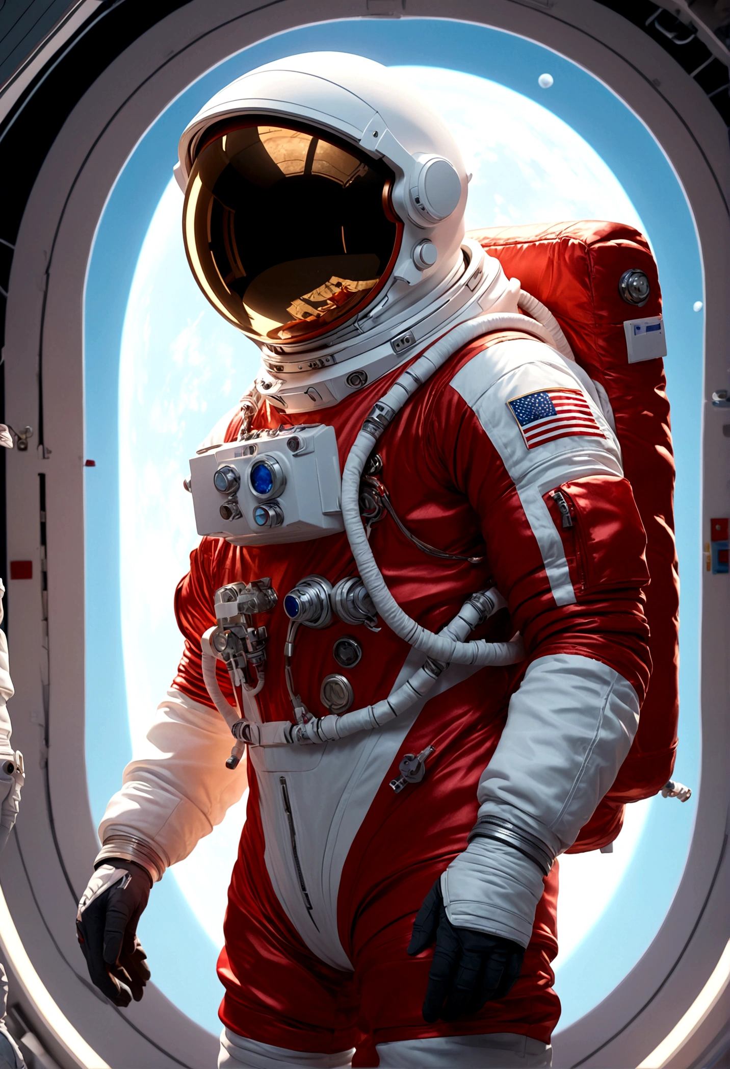 The astronaut is a 30-year-old man.., white and red metallic clothing, cinematic, picture 촬영, half backlight, back light, dramatic lighting , incandescent light, soft lighting, Incredibly detailed and complex, hyper maximalist, Art, elegant pose, dynamic, picture, volume , very detailed, intricate details, Gwise의 very detailed 걸작, future environment