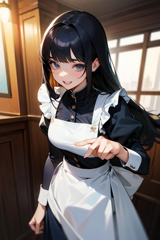 (Highest Resolution, clear_image) Highest quality, One woman, alone, masterpiece, Very detailed, Semi-realistic, Black Hairのショートヘア, Black Hair, bangs, 18-year-old, mature, light blue uniform, uniform, Indoor Background, kind, Authoritative, Powerful, exquisite features, exquisite features、Eyelashes become longer、Showing teeth、smile😀、Maid clothes、woman'Fingers in the、Sleeping on the sofa、Long Hair、Fluttering in the wind、Navy blue clothes、Long Hair、I'Carrying the plate、Long Hair、Laugh gently、