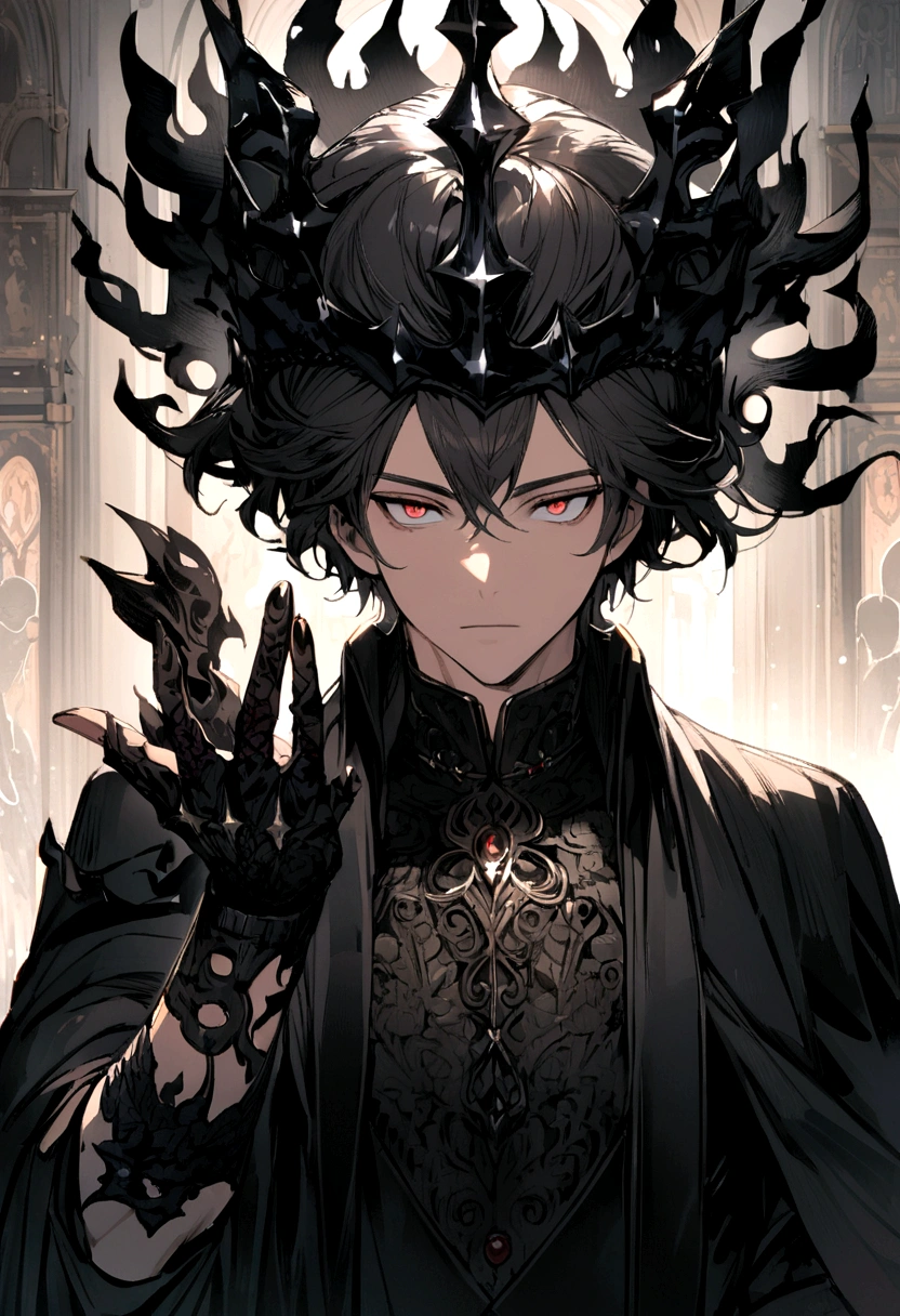 boy with black fire in his hand wearing a black crown on his head with scarlet red eyes