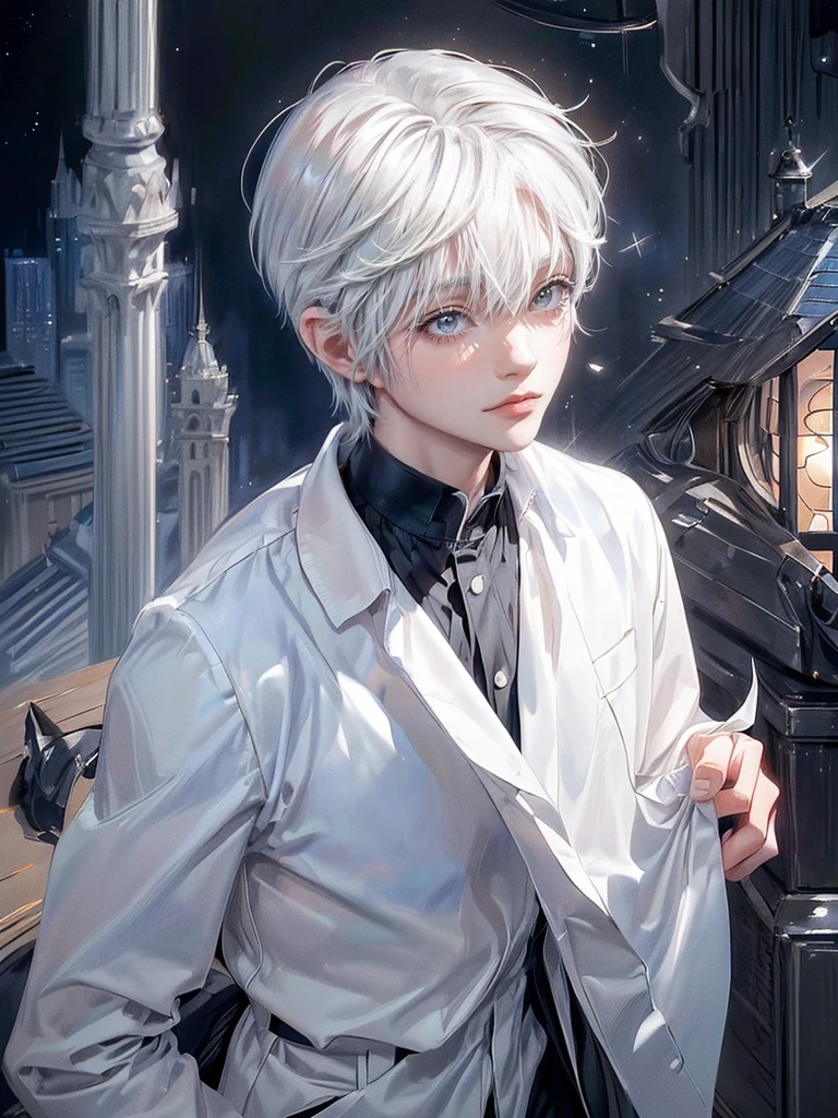 ((4K works))、masterpiece、(top-quality)、One beautiful boy、Slim body、tall、((Black Y-shirt and white pants、Charming British knight style))、Please wear one jacket、(Detailed beautiful eyes)、Fantastic Night City、((City under the stars))、Fantastic city at midnight、((Face similar to Carly Rae Jepsen))、((Short-haired white hair))、((Smaller face))、((Neutral face))、((Bright blue eyes))、((American adult male))、((Adult male 26 years old))、((Cool Men))、((Like a celebrity))、((Crying expression))、((sad look))、((Korean Makeup))、((elongated and sharp eyes))、((Happy dating))、((boyish))、((Upper body photography))、Professional Photos、((Shot alone))、((She is looking up at the sky under the roof))、((Shot from the side))、((Crying profile))、((Face crying in pain))、((He is looking upwards))、((His eyes are looking down))、((He stands next to the viewer))、((He who cries))、I'm crying on a stick.、Man crying while standing、Solitude、saddened、desolate、suffocating、heartbreaking、auw、Tears dripping on the cheeks
