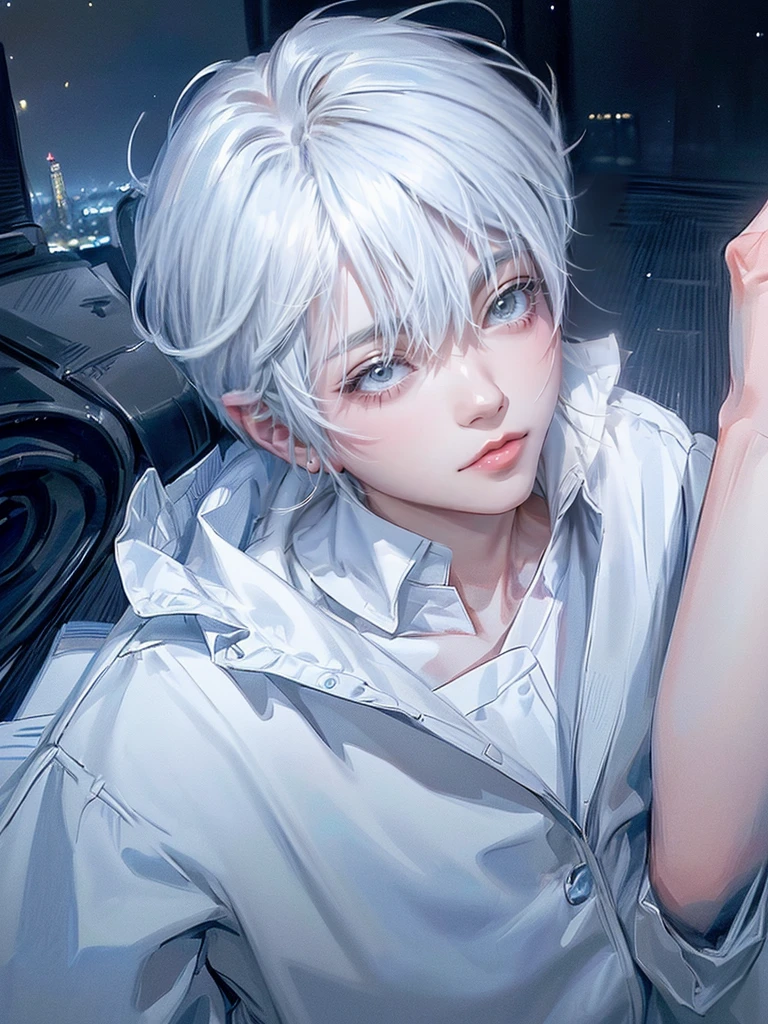 ((4K works))、masterpiece、(top-quality)、One beautiful boy、Slim body、tall、((Black Y-shirt and white pants、Charming British knight style))、Please wear one jacket、(Detailed beautiful eyes)、Fantastic Night City、((City under the stars))、Fantastic city at midnight、((Face similar to Carly Rae Jepsen))、((Short-haired white hair))、((Smaller face))、((Neutral face))、((Bright blue eyes))、((American adult male))、((Adult male 26 years old))、((Cool Men))、((Like a celebrity))、((Crying expression))、((sad look))、((Korean Makeup))、((elongated and sharp eyes))、((Happy dating))、((boyish))、((Upper body photography))、Professional Photos、((Shot alone))、((She is looking up at the sky under the roof))、((Shot from the side))、((Crying profile))、((Face crying in pain))、((He is looking upwards))、((His eyes are looking down))、((He stands next to the viewer))、((He who cries))、I'm crying on a stick.、Man crying while standing、Solitude、saddened、desolate、suffocating、heartbreaking、auw、Tears dripping on the cheeks