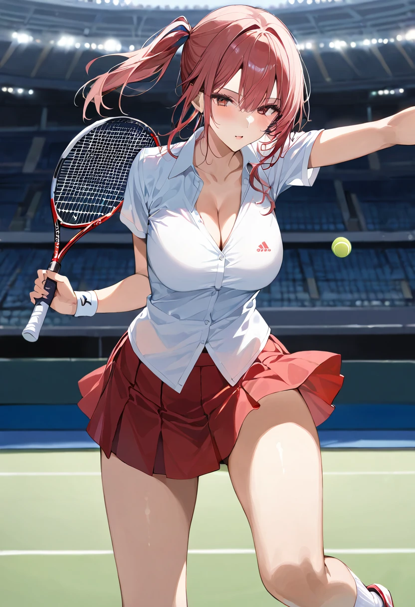 1 female tennis player，White shirt，Red Skirt，socks，Double Tail，(Thinness:1.3)、Flip-up skirt，Tennis racket in hand，Dynamic Pose，(Stadium:1.5)、Cleavage close-up、 Highest quality, High resolution, (masterpiece), Sharp focus, Hmph, 8K resolution, Intricate details, Depth of written boundary, Very detailed, Front light, Hitting the ball back