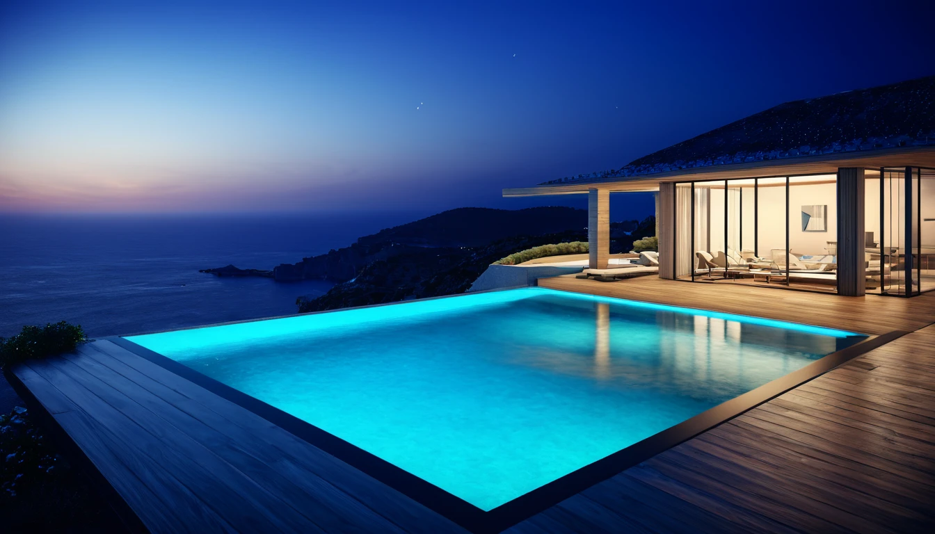 The roof of this house with a pool and ocean view is araphaed., Digital rendering by Robert Koehler, Pixabay, Conceptual Art, Breathtaking Rendering, archviz, archviz, Stunning rendering, Illuminated swimming pool, Mediterranean view, Ocean View, Overlooking the sea, High quality rendering, Calm and peaceful style, Night rendering, Peaceful atmosphere