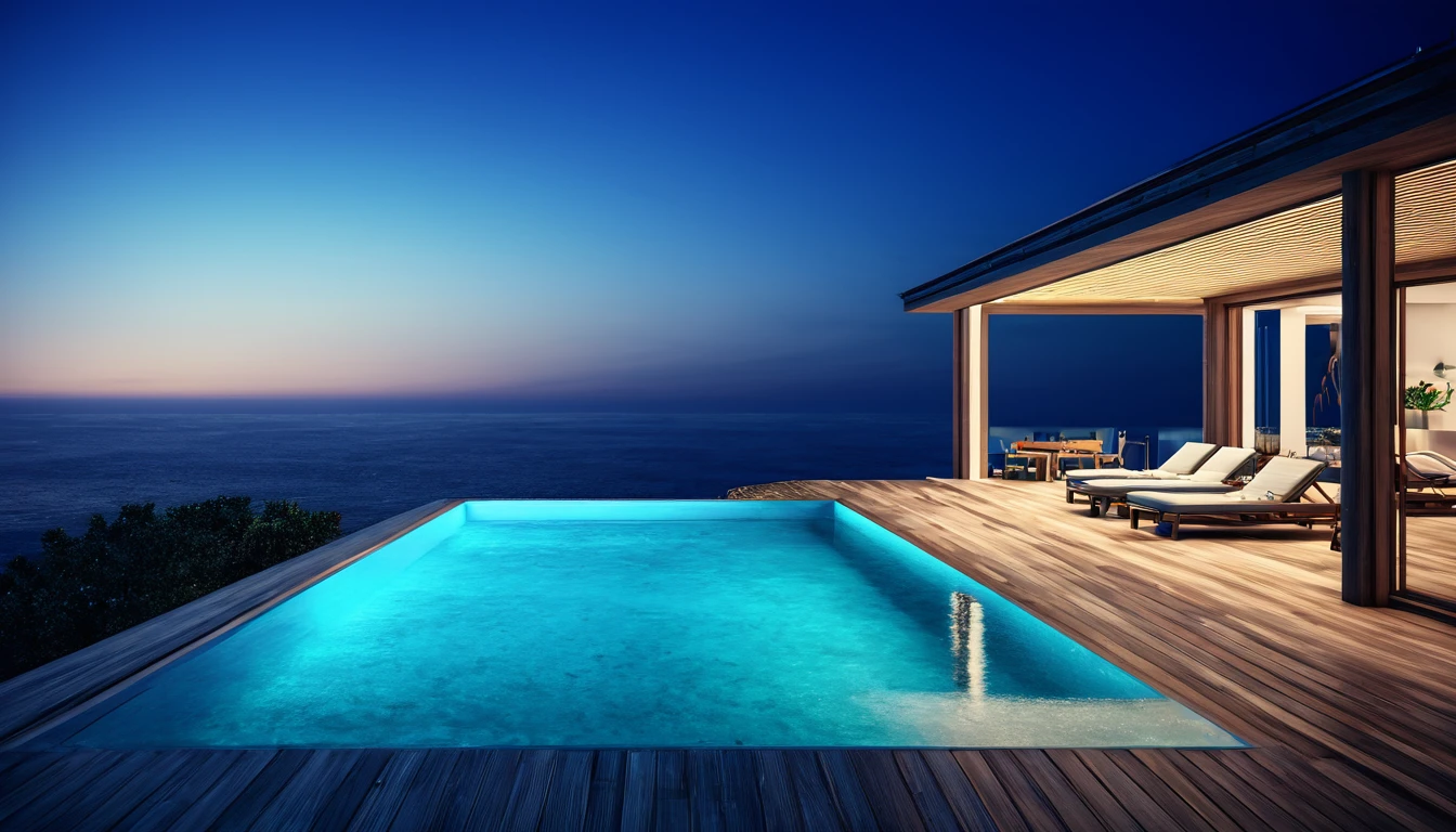 The roof of this house with a pool and ocean view is araphaed., Digital rendering by Robert Koehler, Pixabay, Conceptual Art, Breathtaking Rendering, archviz, archviz, Stunning rendering, Illuminated swimming pool, Mediterranean view, Ocean View, Overlooking the sea, High quality rendering, Calm and peaceful style, Night rendering, Peaceful atmosphere