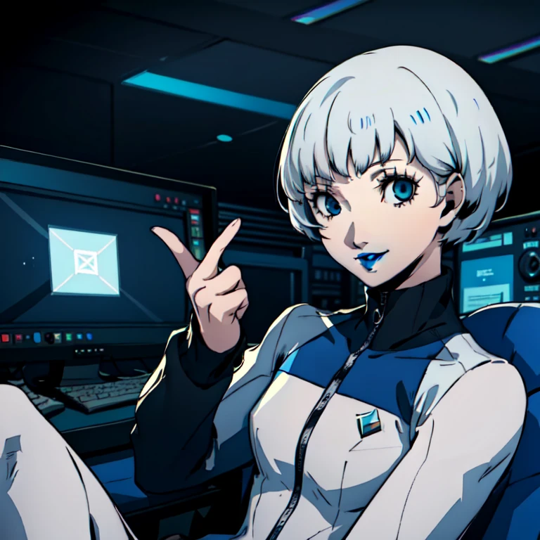 masterpiece, ((best quality)),((1 girl)), blue eyes, very Short hair, black lipstick, white hair, female , tomboy Pixie haircut, deep blue suit, white hair, white hair,smiling,hacker,in the,dark room,sitting,looking monitor,cute