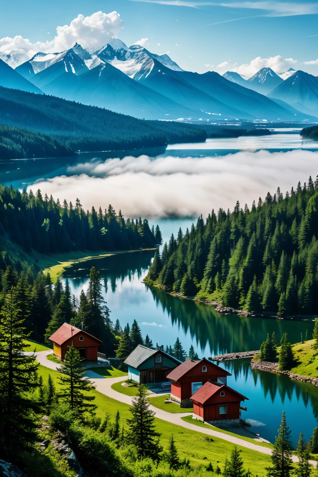 Anime style landscape background with a large lake and mountains, a beautiful sky and cute cabins in the distance with smoke coming out, make everything feel very comfortable and also a small waterfall
