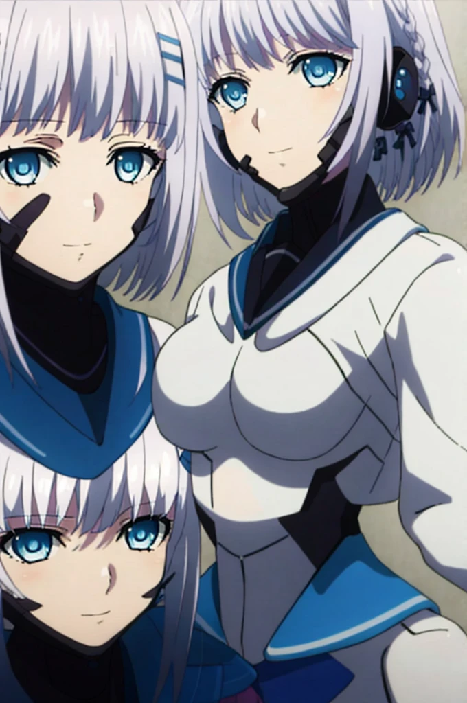 2girls, multiple girls, two female characters, half-siblings, ldual persona, height difference, crossover, friends, anime style, 4k quality, masterpiece, best quality, "Kanase Kanon blue eyes, White hair, side braid, braid, blue ribbon, hair ribbon, medium hair, small breasts, neatfigure, teenage girl, Height 158 cm", "Tobiichi Origami white hair, short hair, blue eyes, hairclip, beautiful eyes, detailed eyes, small breast, height 152 cm ", adopted costume, cosplay, fortified suit, bodysuit, pilot suit, fortified suit, ((shiny clothes)), ((blue :1.3) plugsuit), ((black :1.3) armored), glossy, pilot suit, armored bodysuit, impossible clothes, impossible bodysuit, headgear, interface headset, chin protector, The suit's chin guard is notably absent in Alternative's anime adaptation, smile, closed mouth, standing, face-to-face, looking at another, holding hands,
