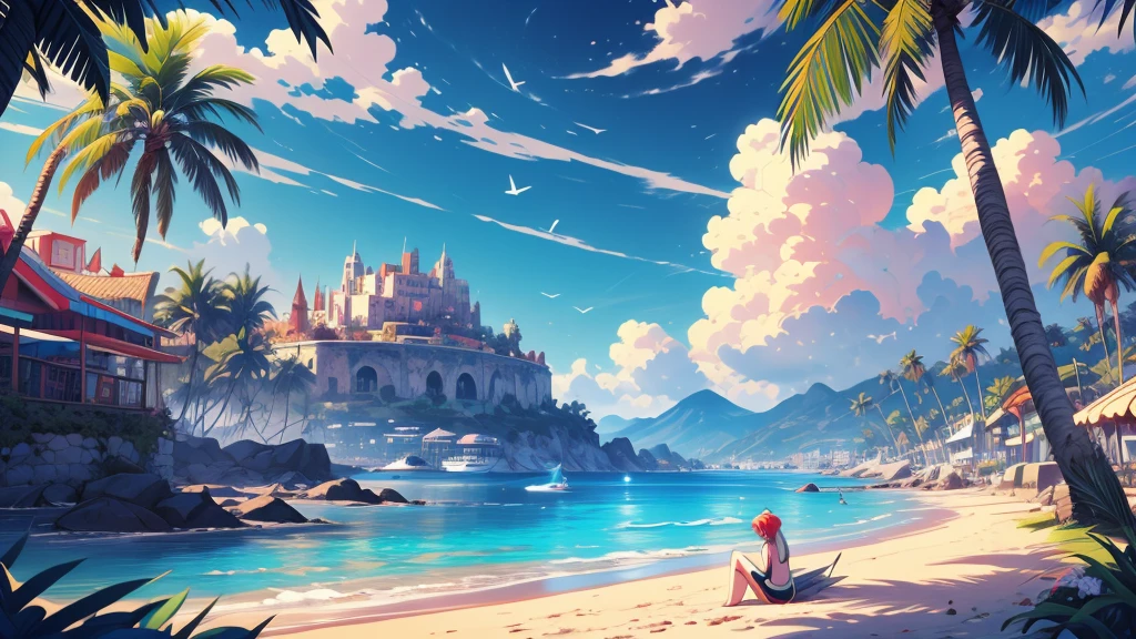 close up anime girl sits with headphones on his ears, on the beach, palm trees, rhads and lois van baarle, lois van baarle and rossdraws, artgerm and lois van baarle, beautiful digital artwork, beaching, extremely detailed artgerm, deviantart artstation cgscosiety, anime background art, amazing wallpaper, background art, hd wallpaper, relaxing concept art, beautiful wallpaper, high quality desktop wallpaper, background artwork, pc wallpaper, anime background, wallpaper hd, 8K image quality, Masterpiece