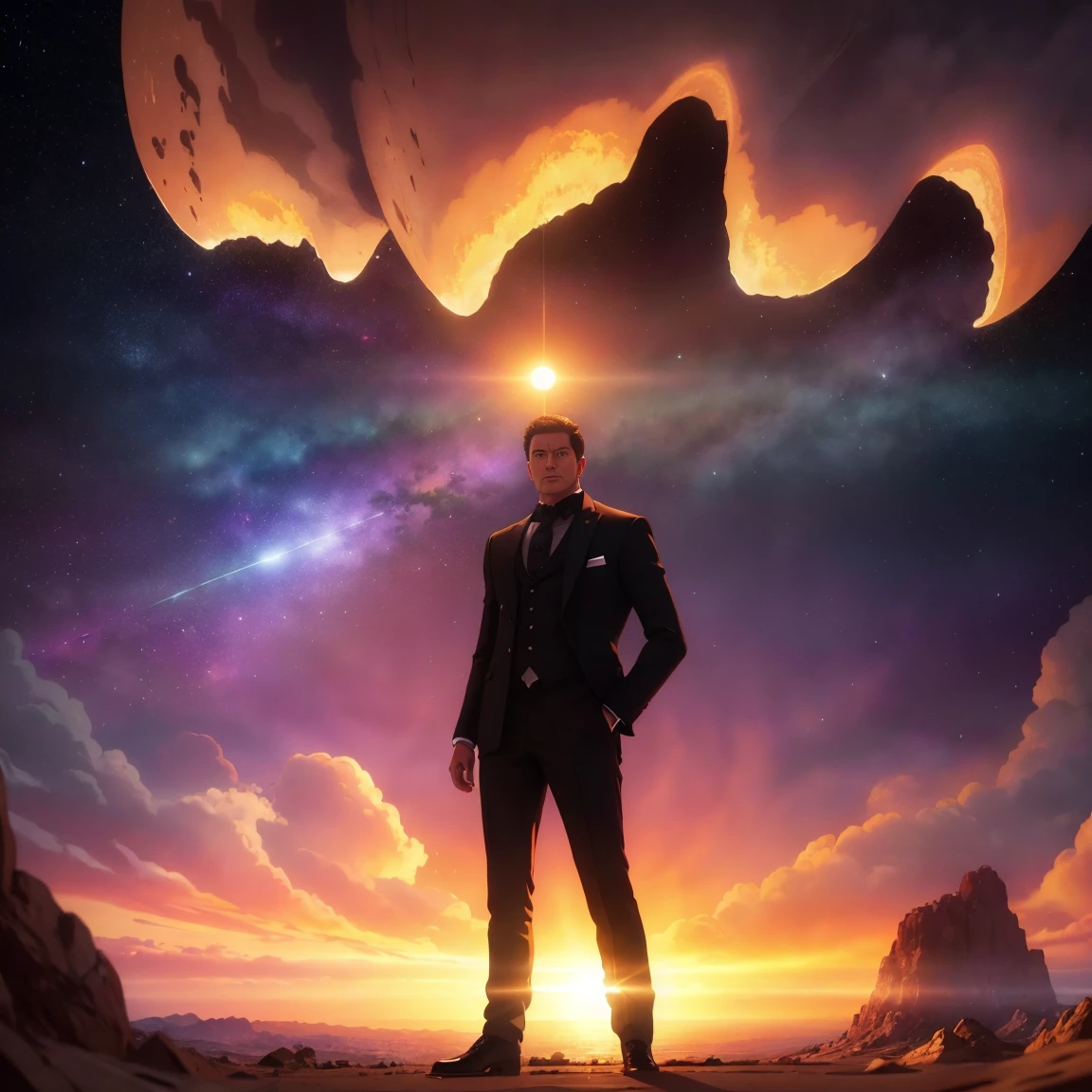 a man in a black suit and brown boots, standing in a park, watching the sunset with meteors falling in the background, intricate details, realistic, cinematic lighting, photorealistic, dramatic colors, (best quality,8k,highres,masterpiece:1.2),ultra-detailed,(realistic,photorealistic,photo-realistic:1.37),cinematic composition,dramatic lighting,gorgeous sunset colors,detailed scenery,meteor shower,dramatic atmosphere