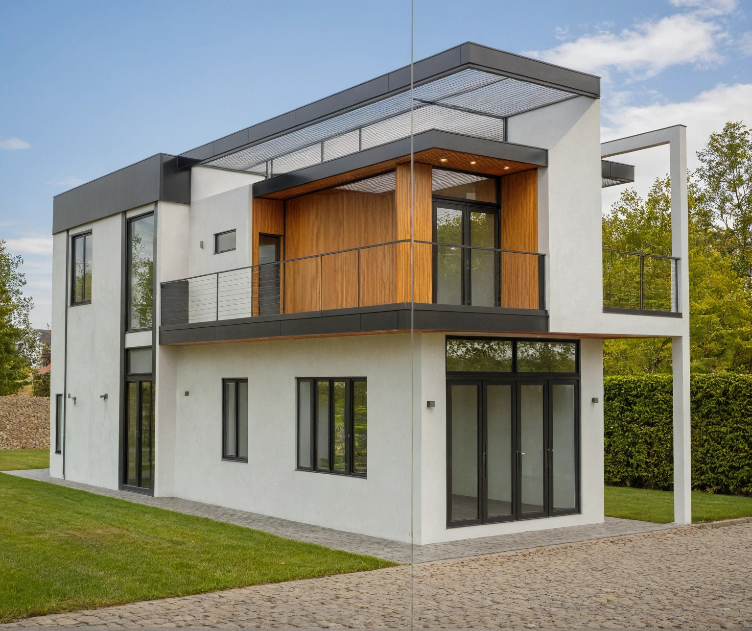 Photo brute,head of'artwork, High quality, best quality, authentique, great detail,
Outside, En plein air, style de maison moderne dans la rue, glass windows, grille, wooden ceiling,
road,pavement, trees, sky, nuvens, (day light:1.1)