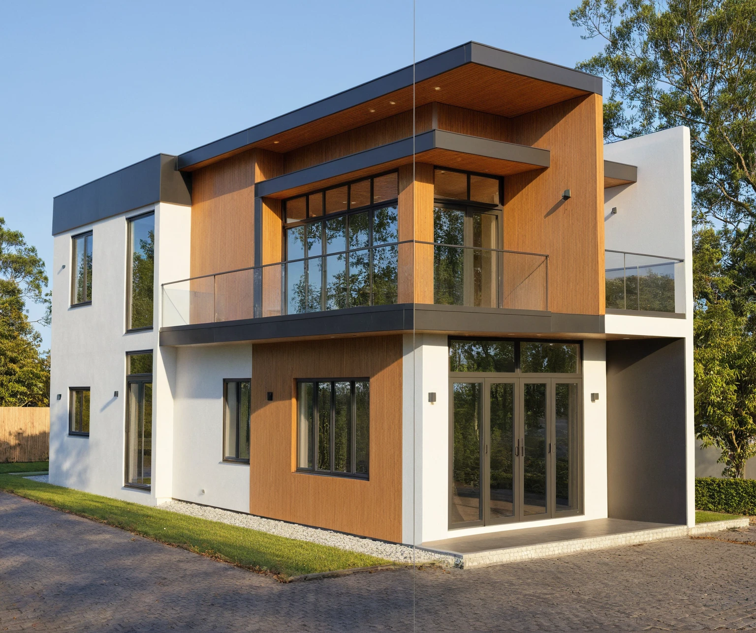 Photo brute,head of'artwork, High quality, best quality, authentique, great detail,
Outside, En plein air, style de maison moderne dans la rue, glass windows, grille, wooden ceiling,
road,pavement, trees, sky, nuvens, (day light:1.1)