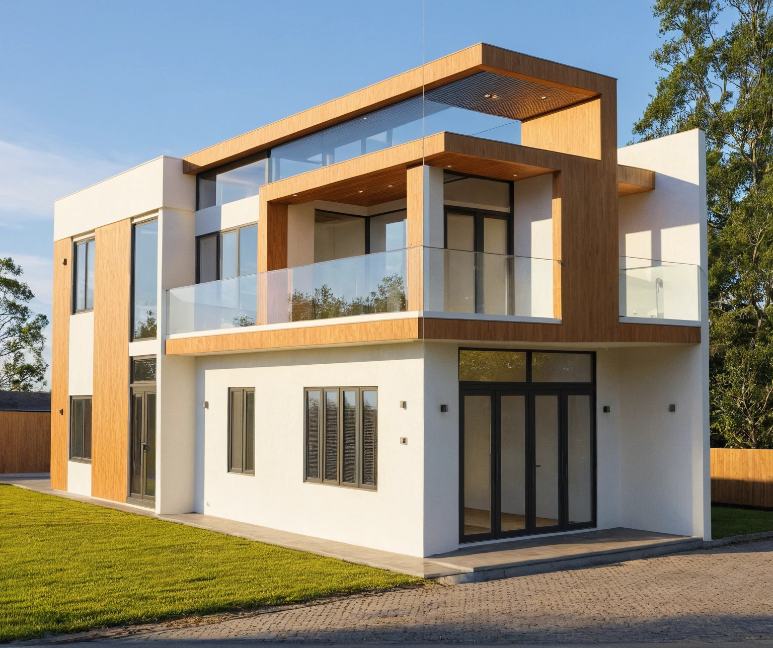 Photo brute,head of&#39;artwork, High quality, best quality, authentique, great detail,
Outside, En plein air, style de maison moderne dans la rue, glass windows, grille, wooden ceiling,
road,pavement, trees, sky, nuvens, (day light:1.1)