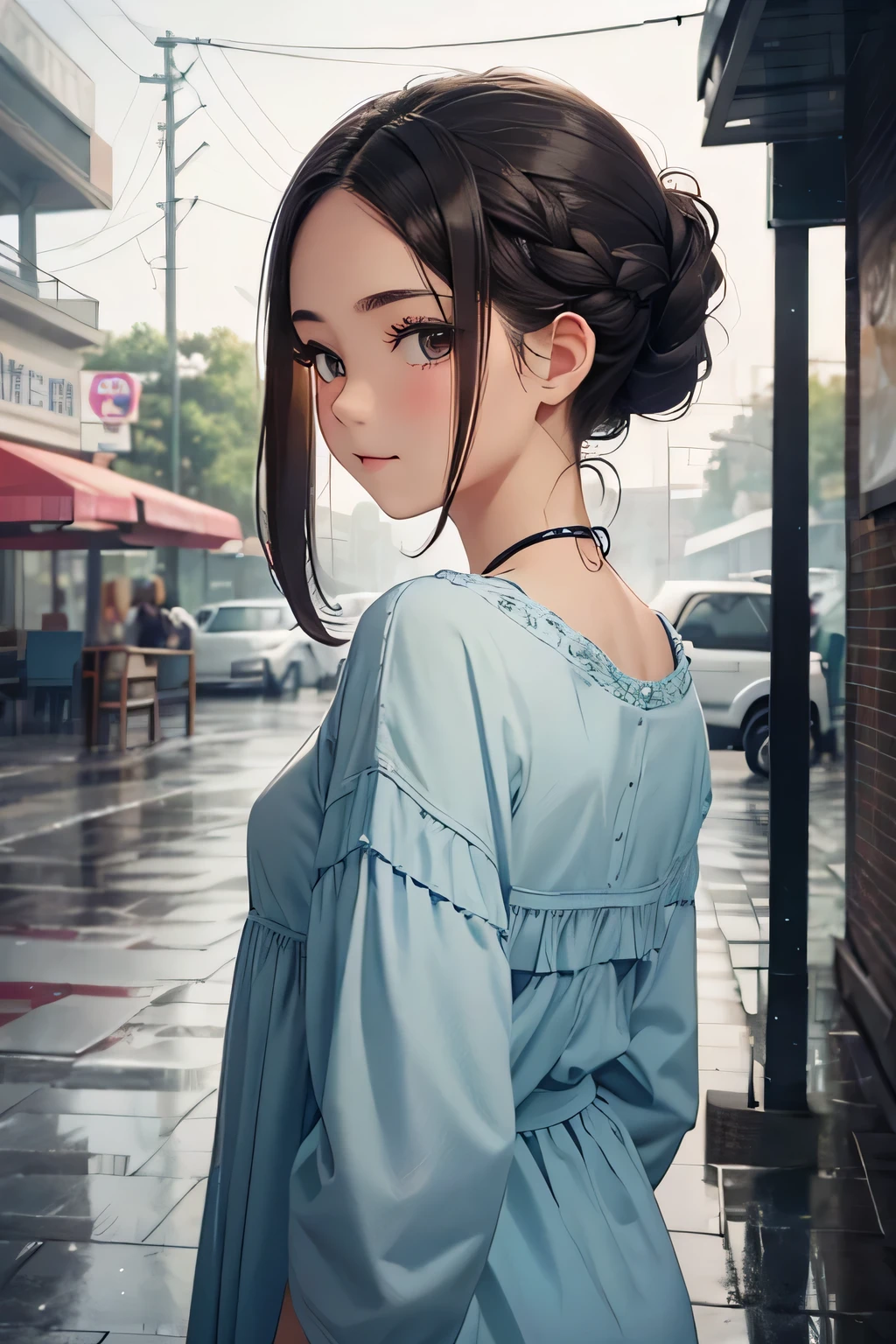 Highest quality、High resolution、Detailed Background、Beautiful face in every detail、age beauty、Cute hair colour、Braided Ponytail、Braided bob cut、Cute hairstyle、well-groomed eyebrows、Cute gestures、 A girl happily waiting for someone even in the rain、 small back、I'm lonely by myself but I'm waiting、Until someone comes、 Wet ground beneath my feet、Above is the sound of rain from the sky、But I'm waiting、Without hesitation、 Because we promised、It should be coming soon'll be waiting、I want to be no longer alone、 Dripping rain、hour々Blowing in the Wind、But I won't leave you、I'll be waiting、 Until someone comes、It's lonely being alone、When that person comes, I can smile、 Pink or pastel colored raincoats for a feminine look、The frills and ribbons are the highlights.、 Choose rain boots in the same color as your raincoat、The heart and star shaped decorations are cute.、 Bring a cute umbrella with a unicorn or character design、Mitten-style gloves that allow you to expose your fingertips are convenient for playing freely.、 Stylish decorations with ribbons and frills、A warm knit hat with pom-poms and frills for an accent、 The colorful design creates a lovely atmosphere.