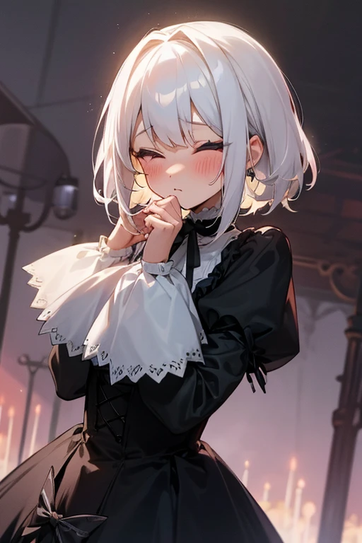 Short white hair, blush, Headbang 2.、cute、Beautiful woman、Idol clothes、Gothic Lolita、background is paris、