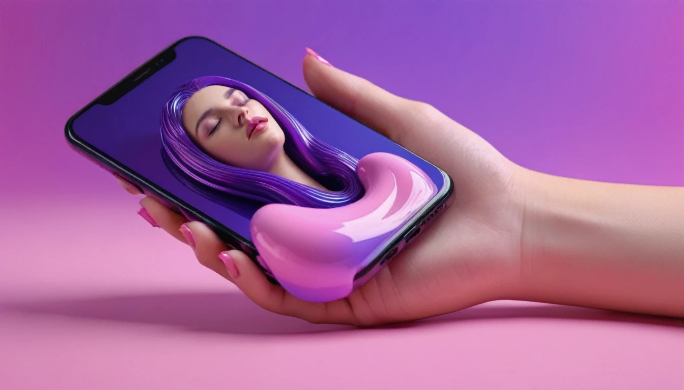 smartphone in her hand, blackhair female hands holding dildo to her face, that is glowing with pink and purple colours, dripping wet, closeup macro photo, minimalistic, in a light purple and pink style, with soft edges and blurred details, in the toycore style, with a 3D render, on a colorful background, with a minimalist stage design, in a surreal style, with a cinema4D rendering, with a minimalist style, with low saturation, using gradient colors, with a cinema4D rendering, with a blender rendering, with super detail, at a super high resolution, at a super high definition
