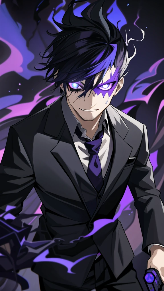 solo, tie, black suit, upper body, black pants, purple fire with blue details, skull with red smoke with purple and blue details, blue fire on the skull, dark negative aura around, bloodthirsty look, purple pupils coming out smoke, holding a revolver, tie half blue half purple, one slit eye